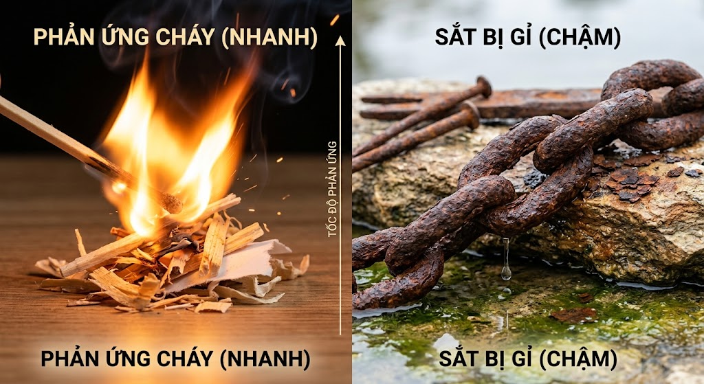 Hình ảnh minh họa phản ứng cháy (nhanh) và sắt bị gỉ (chậm)