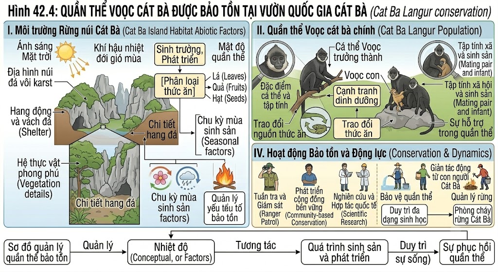 Hình 42.4: Quần thể Voọc cát bà được bảo tồn tại Vườn quốc gia Cát Bà