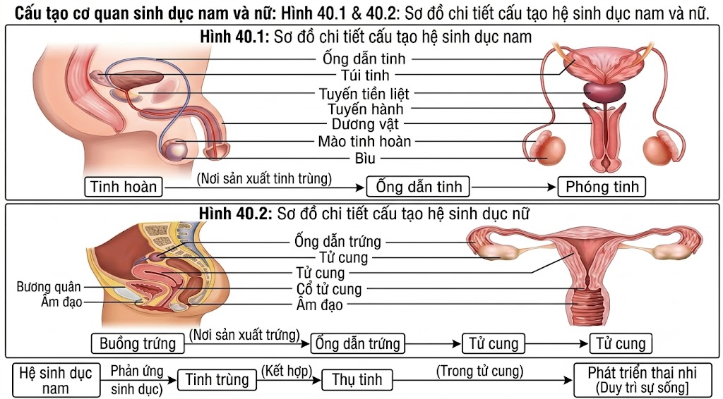Cấu tạo cơ quan sinh dục nam và nữ Hình 40.1 & 40.2: Sơ đồ chi tiết cấu tạo hệ sinh dục nam và nữ.