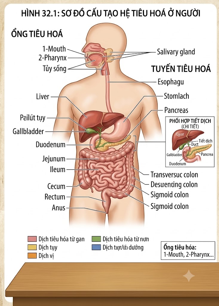 ác cơ quan trong ống tiêu hoá và các tuyến tiêu hoá phối hợp nhịp nhàng để xử lí thức ăn.