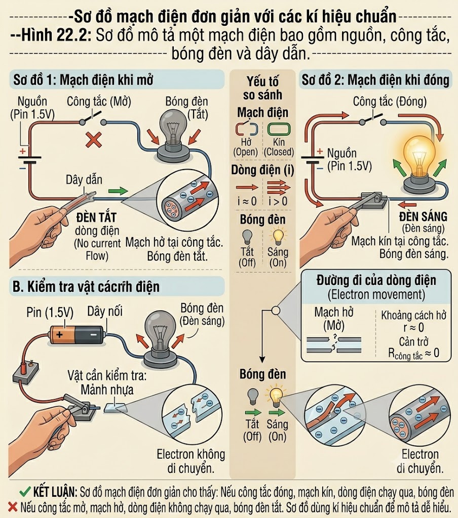 Hình 22.2: Sơ đồ mô tả một mạch điện bao gồm nguồn, công tắc, bóng đèn và dây dẫn.