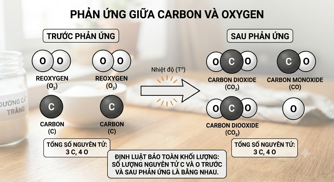 Sơ đồ mô tả phản ứng giữa Carbon và Oxygen