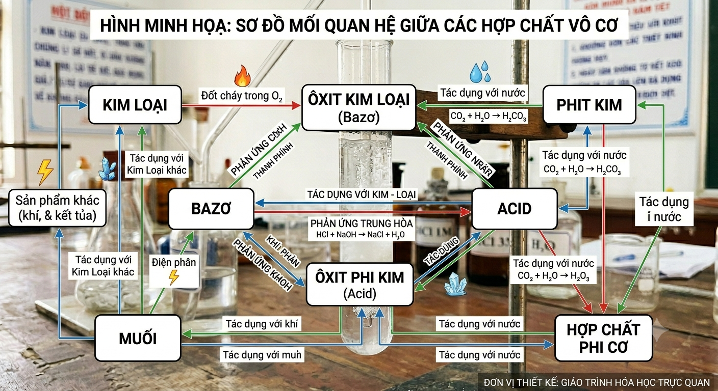 Sơ đồ biểu diễn sự chuyển đổi giữa các loại hợp chất vô cơ.