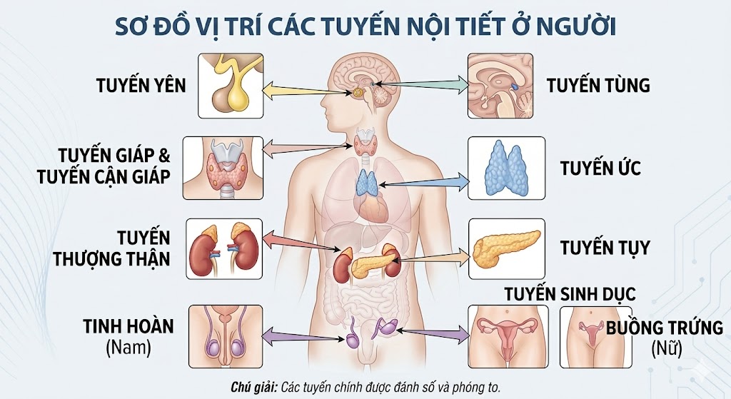 Sơ đồ vị trí các tuyến nội tiết ở người