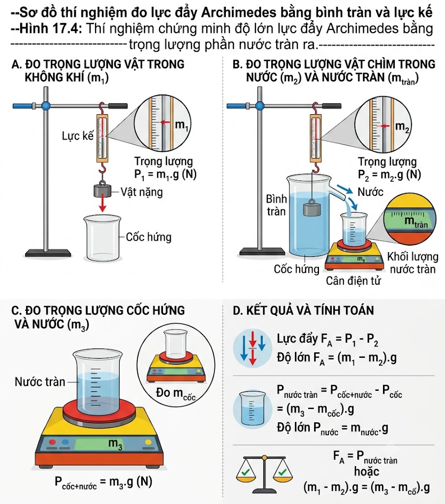 Thí nghiệm chứng minh độ lớn lực đẩy Archimedes bằng trọng lượng phần nước tràn ra