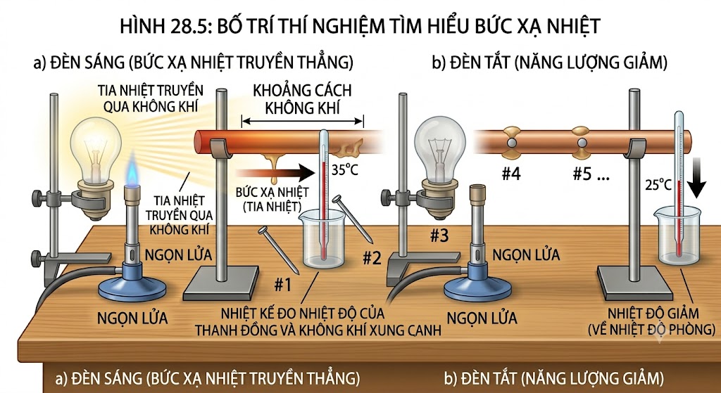 Bố trí thí nghiệm tìm hiểu bức xạ nhiệt. Nhiệt độ của nhiệt kế tăng lên khi đèn sáng dù giữa đèn và nhiệt kế có khoảng cách không khí