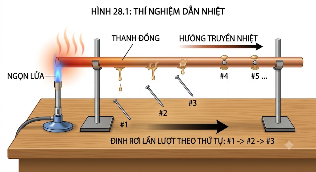 Hình 28.1: Thí nghiệm dẫn nhiệt trên thanh đồng. Khi đốt nóng một đầu, các đinh sáp rơi xuống lần lượt từ gần đến xa chứng tỏ nhiệt truyền dọc theo thanh