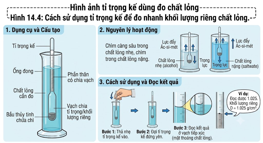 Cách sử dụng tỉ trọng kế để đo nhanh khối lượng riêng chất lỏng.