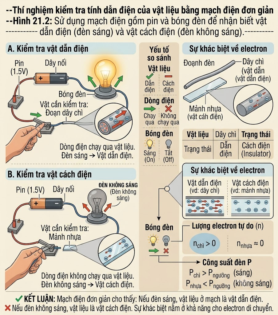 Sử dụng mạch điện gồm pin và bóng đèn để nhận biết vật dẫn điện