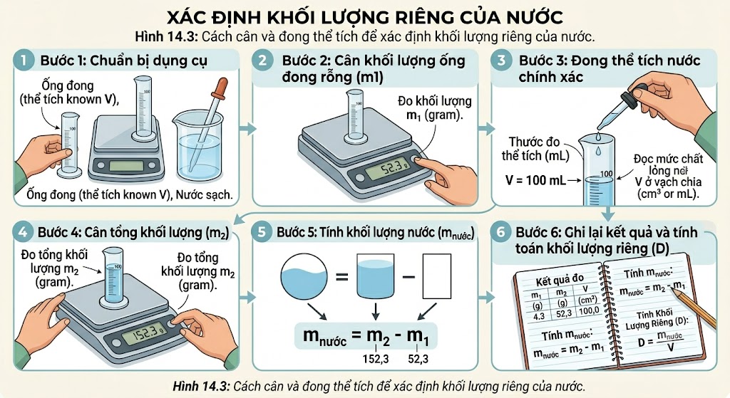 Cách cân và đong thể tích để xác định khối lượng riêng của nước.