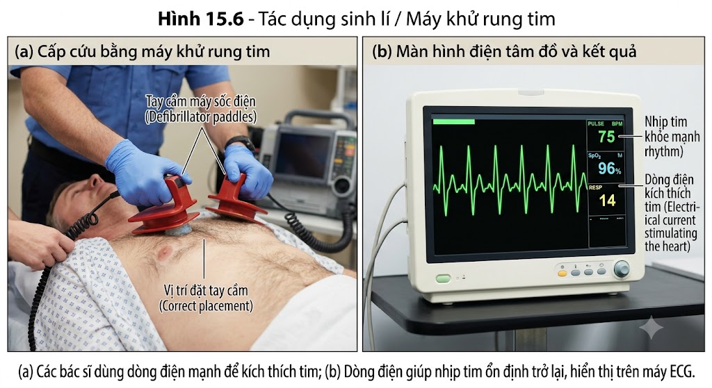 Hình 15.6 - Tác dụng sinh lí / Máy khử rung tim