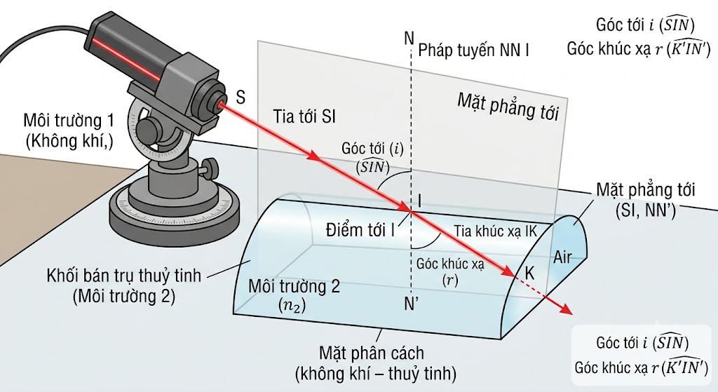 Hình 5.2 - Đường truyền của chùm tia sáng) Thí nghiệm chiếu chùm sáng từ không khí vào khối bán trụ bằng thuỷ tinh trong suốt cho thấy: