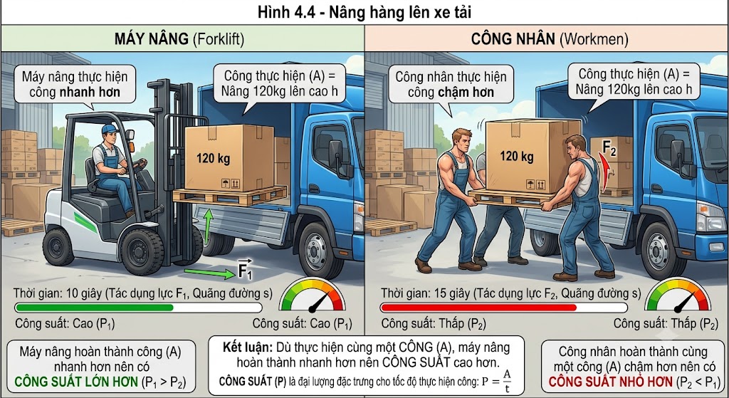  Nâng hàng lên xe tải: So sánh giữa việc dùng máy nâng để đưa thùng hàng lên xe (hết 10 giây) và việc công nhân tự nâng (hết 15 giây). Qua đó minh hoạ khái niệm công suất: máy nâng thực hiện công nhanh hơn nên có công suất lớn hơn.
