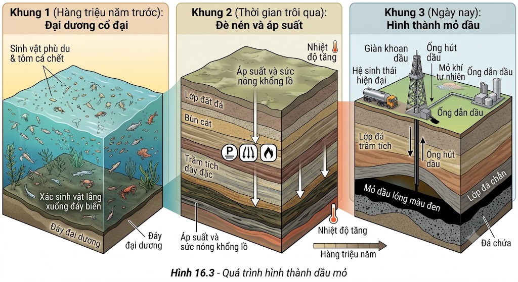 Hình 16.3 - Quá trình hình thành dầu mỏ]