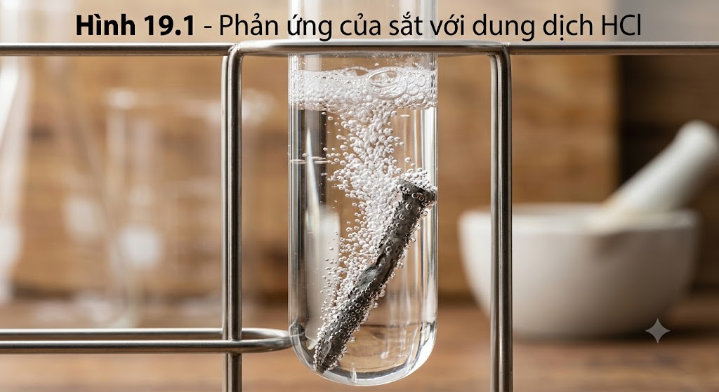Hình 19.1 - Phản ứng của sắt với dung dịch HCl