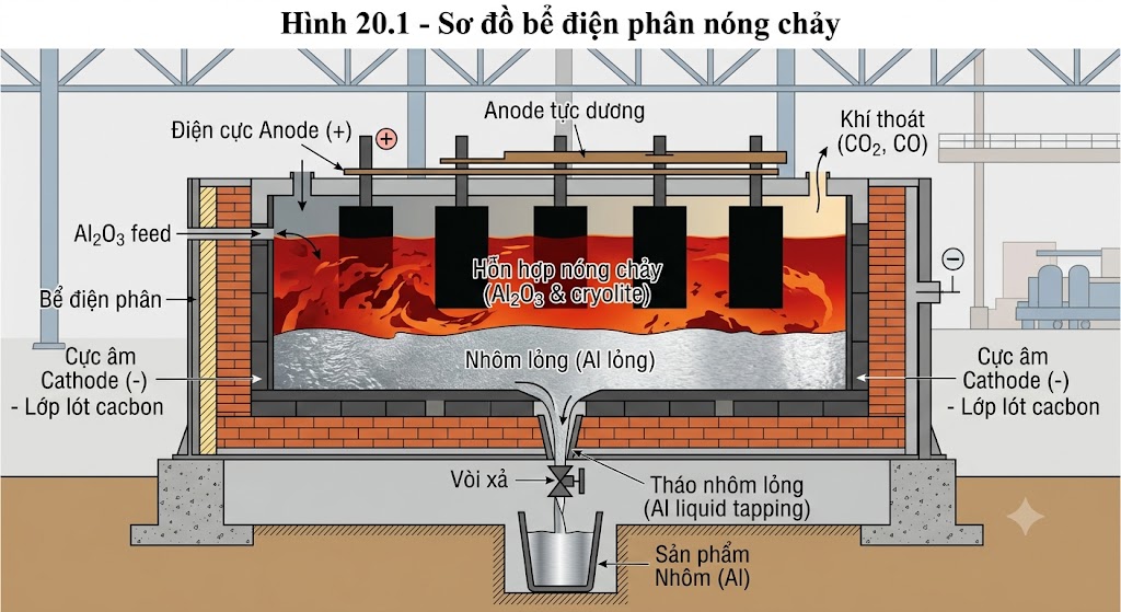 Hình 20.1 - Sơ đồ bể điện phân nóng chảy
