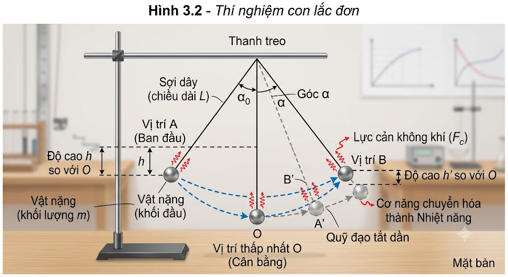 hí nghiệm con lắc đơn: Một vật nặng được treo vào sợi dây. Khi kéo lệch vật đến vị trí A (độ cao $h$) rồi thả, vật sẽ dao động qua lại vị trí thấp nhất O để đến vị trí B. Sau một thời gian dao động, độ cao của vật giảm dần vì cơ năng đã chuyển hoá một phần thành nhiệt năng do lực cản không khí.