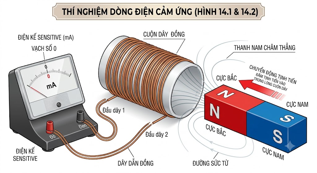 Hình 14.1 & 14.2 - Thí nghiệm dòng điện cảm ứng