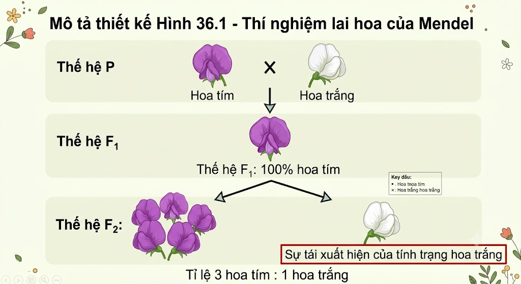 Hình 36.1 - Thí nghiệm lai hoa của Mendel