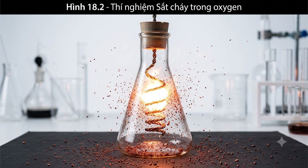  Hình 18.2 - Thí nghiệm Sắt cháy trong oxygen