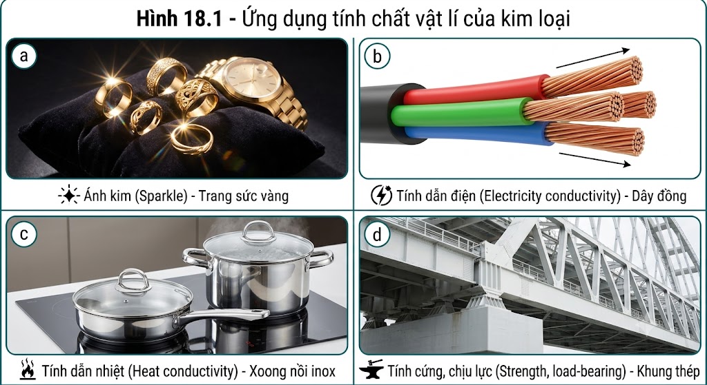 Hình 18.1 - Ứng dụng tính chất vật lí của kim loại
