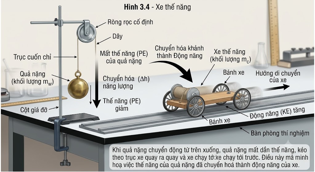 Hình 3.4 - Xe thế năng: Gồm một xe có trục cuốn chỉ nối với một quả nặng vắt qua ròng rọc. Khi thả để quả nặng chuyển động từ trên xuống, quả nặng mất dần thế năng, kéo theo trục xe quay và xe chạy tới trước. Điều này minh hoạ việc thế năng của quả nặng đã chuyển hoá thành động năng của xe.